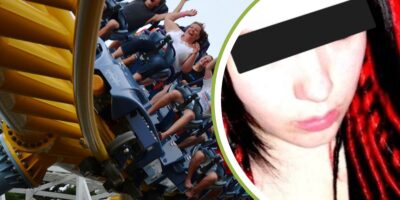 A woman with her eyes blacked out with guests riding a roller coaster at a theme park. Theme park news