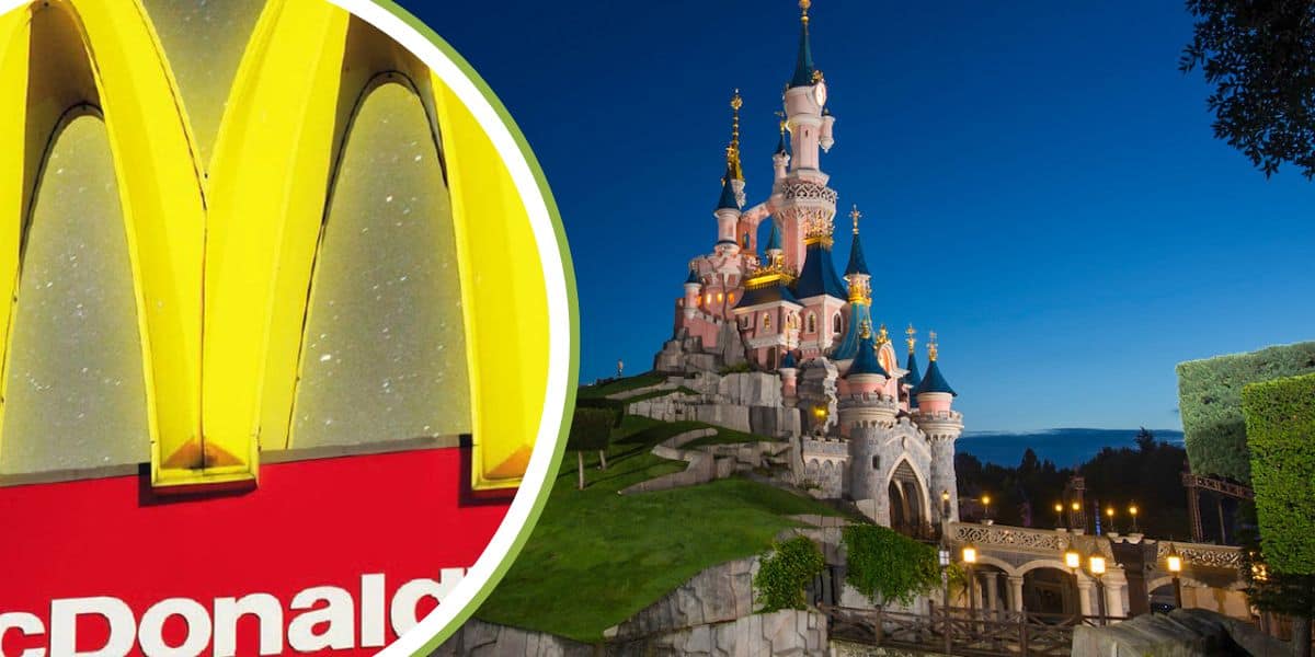 A McDonald's sign inside of a circular portrait with the Disneyland Paris Park in the background.