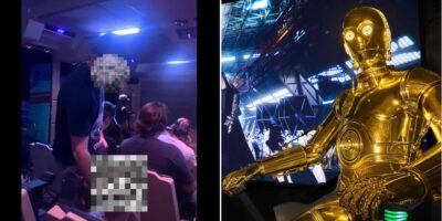 to the left is a Disney World guest standing up on an attraction and to the right is C-3P0 from Star Wars wit ha shocked expression.