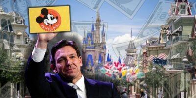 Florida Governor Ron DeSantis holding a Walt Disney World Annual Pass with Magic Kingdom in the background and money falling all around.