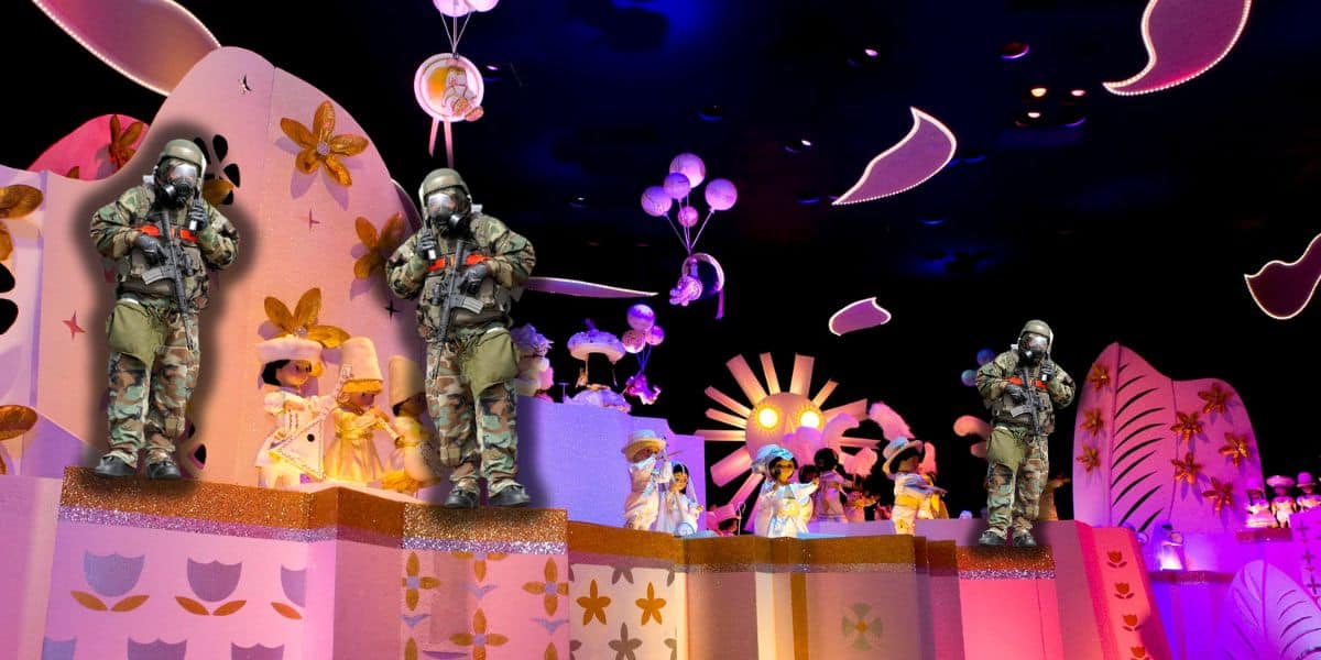 The inside of "it's a small world" at Magic Kingdom Park in Disney World with soldiers standing around wearing gas masks.