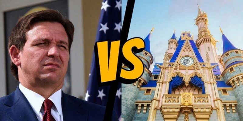 Disney's governing district - An image to the left of Florida Governor Ron DeSantis with a photo to the right of the Magic Kingdom castle with a vs. graphic in the middle.