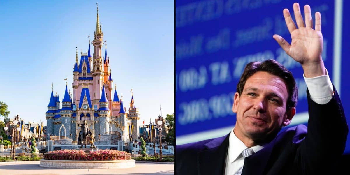 Left: The Cinderella Castle inside of Disney's Magic Kingdom Park Right: Florida Governor Ron DeSantis waving