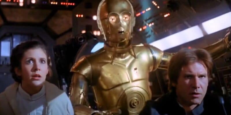 Princess Leia, C-3PO and Han Solo in the cockpit of the Millennium Falcon in 'Star Wars'