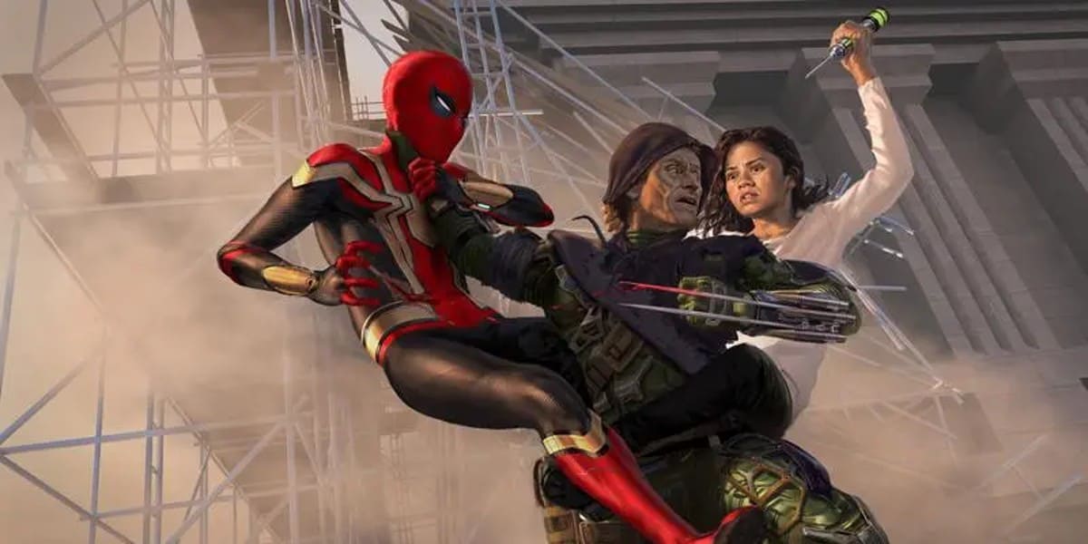 Concept art of Willem Dafoe as the Green Goblin and Zendaya as MJ with Spider-Man