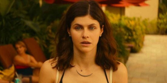 Alexandra Daddario looking shocked as Rachel Patton in 'The White Lotus'