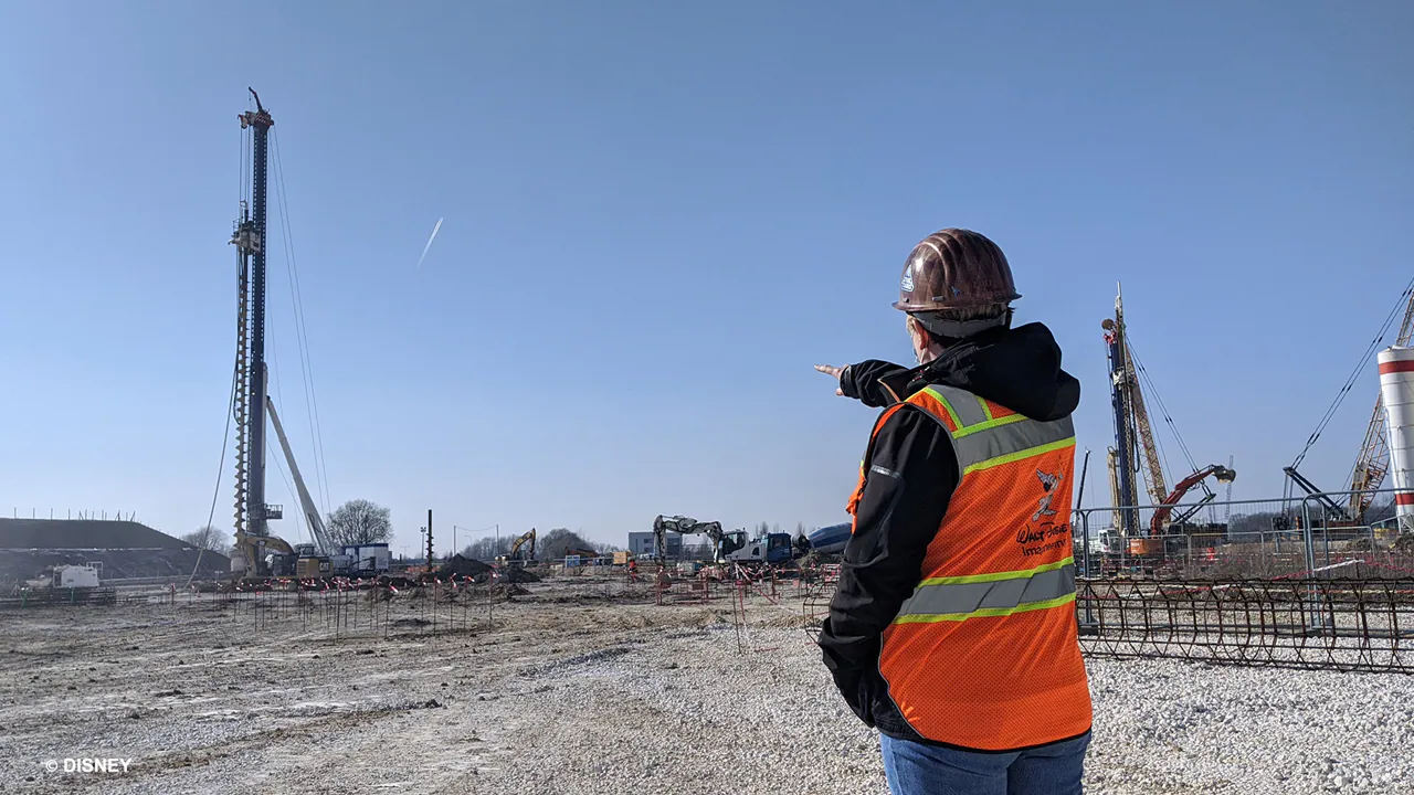 Walt Disney Imagineer standing in the construction site of Disneyland Paris' Frozen-themed expansion in Walt Disney Studios Park