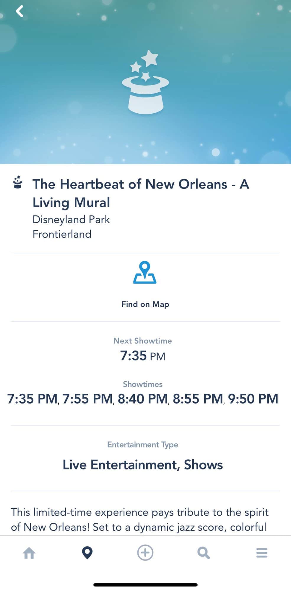 screenshot of the showtimes for the new nighttime show “The Heartbeat of New Orleans – A Living Mural.”