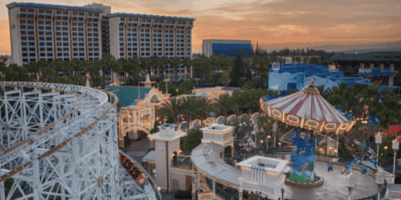 An aerial look at Disneyland Resort's Pixar Pier, which contains rides, restaurants, and carnival games.