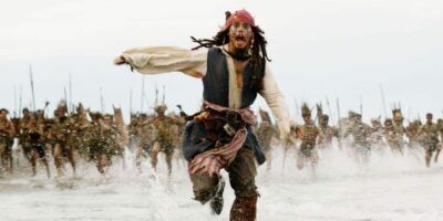 Johnny Depp playing the character Jack Sparrow in the movie Pirates of the Caribbean