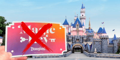 A guest holds a Disneyland Magic Key ticket in front of Sleeping Beauty Castle. A red "X" has been edited over the Magic Key pass.