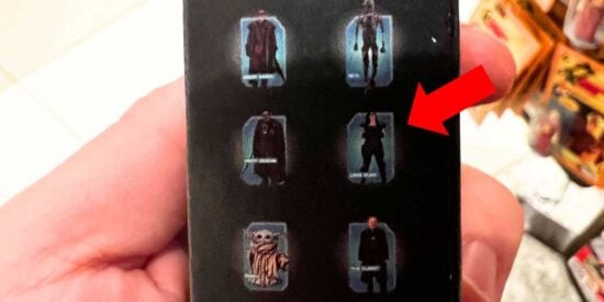 Close up of the Nevarro mystery pin set with an arrow pointing at Cara Dune