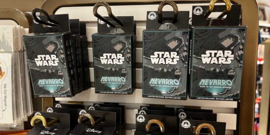 A row of Nevarro mystery pin sets at Walt Disney World
