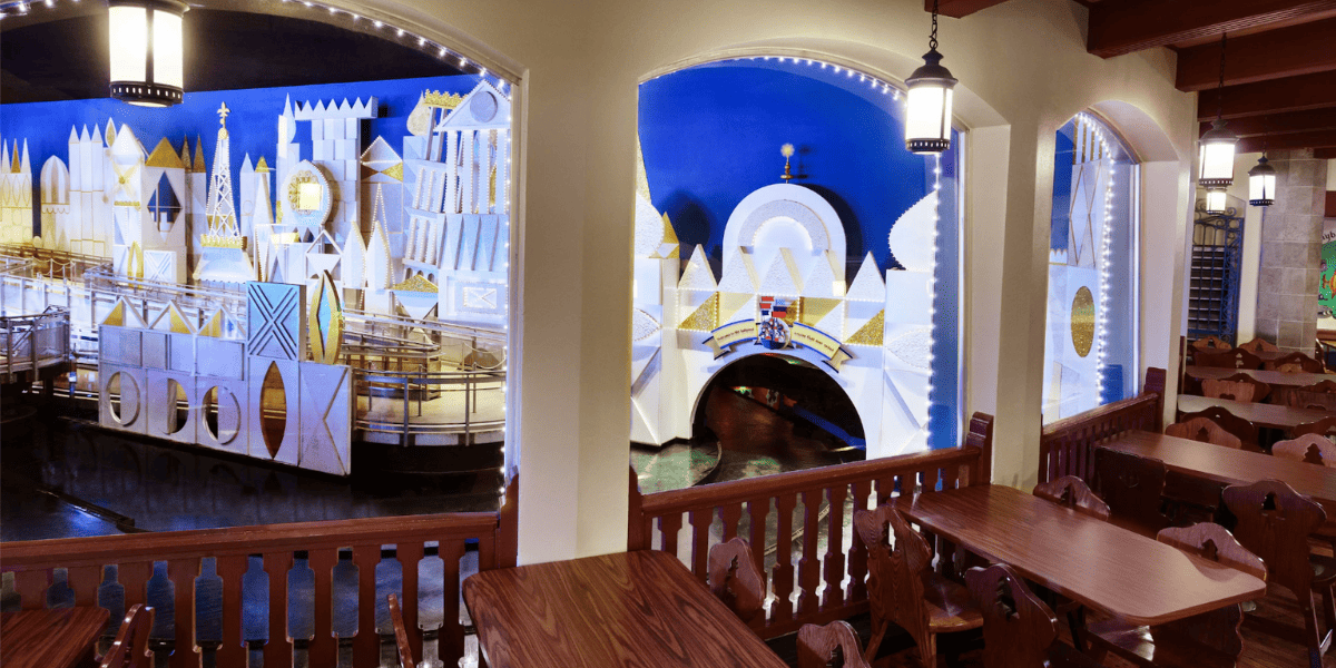 Pinocchio Village Haus tables overlooking "it's a small world."
