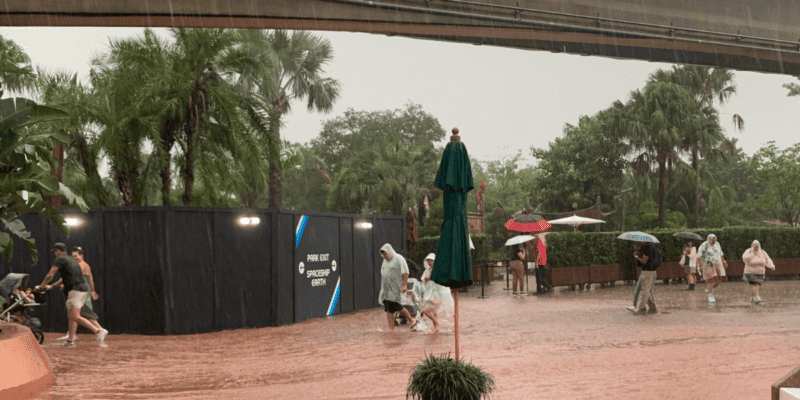 A heavy rainstorm causes significant flooding in an outdoor area of Disney World, with palm trees and an overhead structure. People are walking through the flooded park, some with umbrellas and rain ponchos. One person is using an umbrella while others are partially submerged in water.