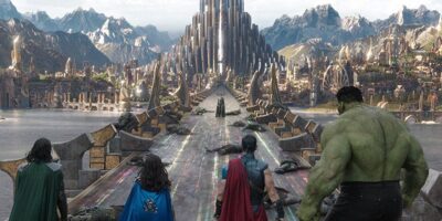 Asgard, Hela at the top of the Rainbow Bridge, with (left to right) Loki, Valkyrie, Thor and Hulk with backs to viewer, facing Asgard entrance