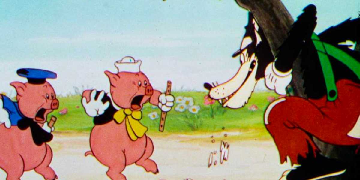 Two of the three little pigs and the Big Bad Wolf in Disney's 'Three Little Pigs'