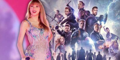 Taylor Swift in front of the 'Avengers: Endgame' cast