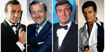 First four James Bond actors: Sean Connery, David Niven, George Lazenby, and Roger Moore