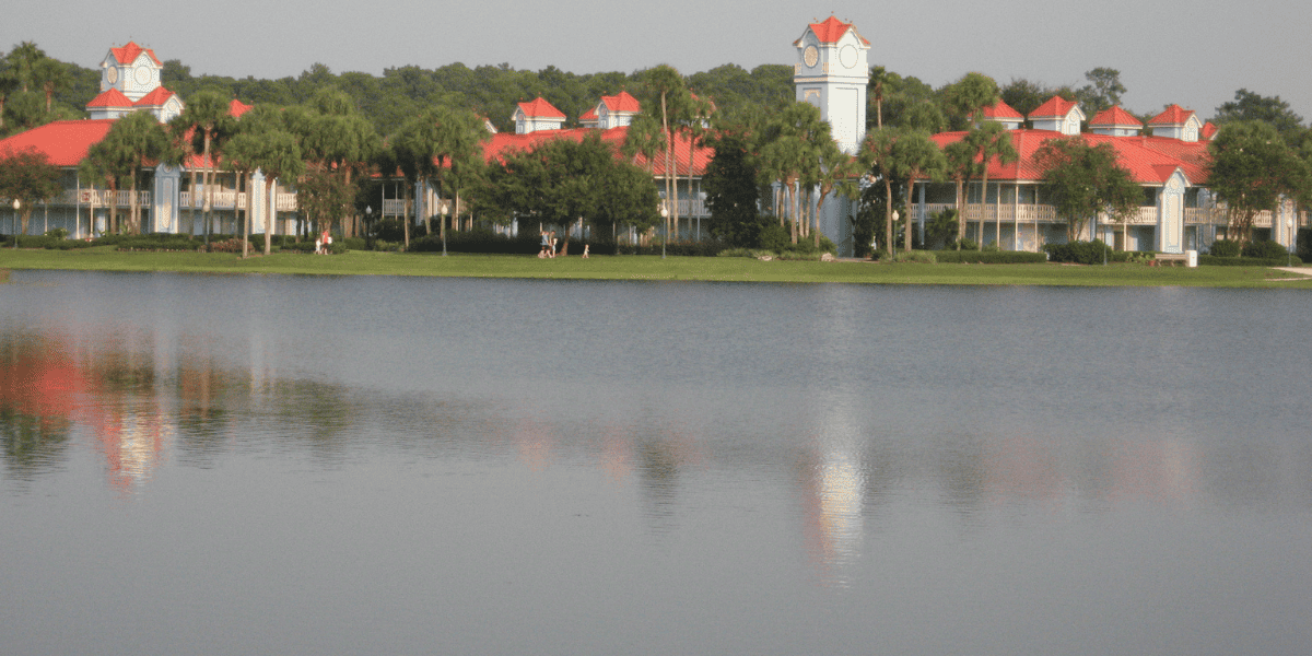 Martinique seen across the lake at Disney's Caribbean Beach Resort.