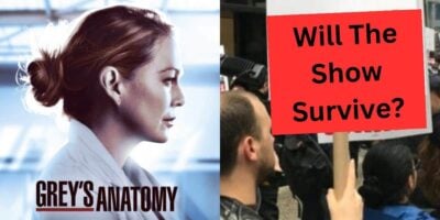 Greys Anatomy poster next to picket sign saying will the show survive