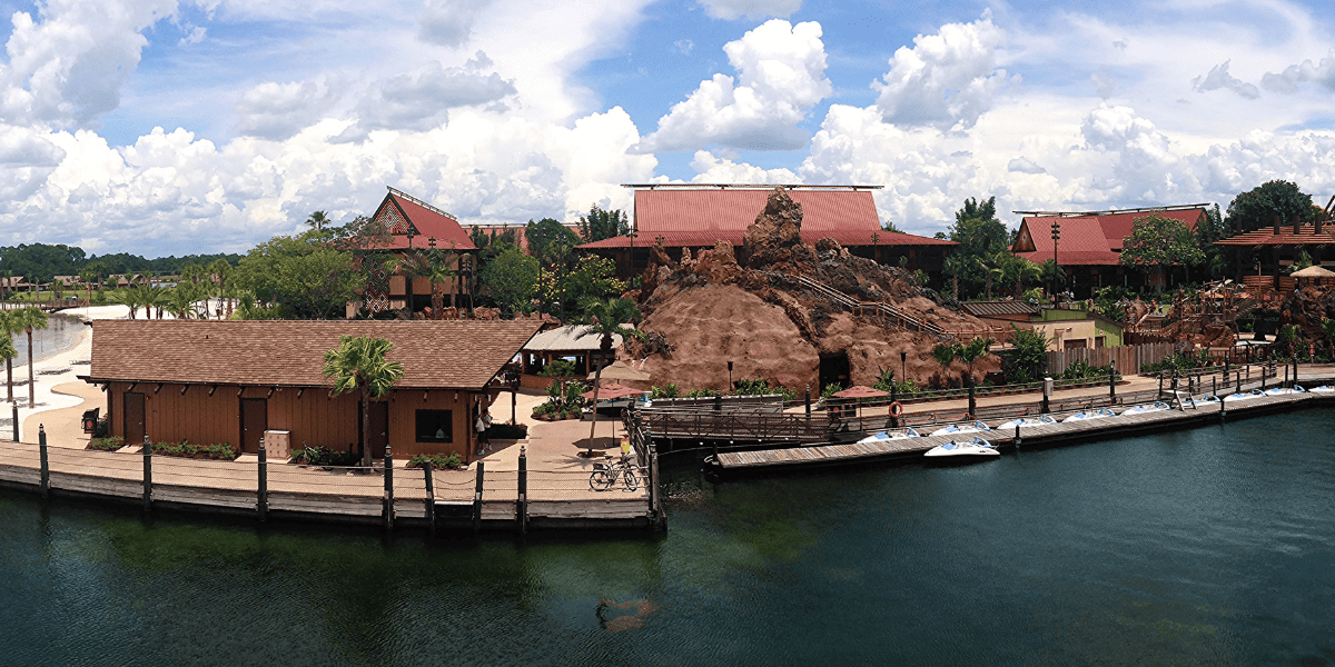 Panoramic of the Polynesian marina area including new bungalows on left