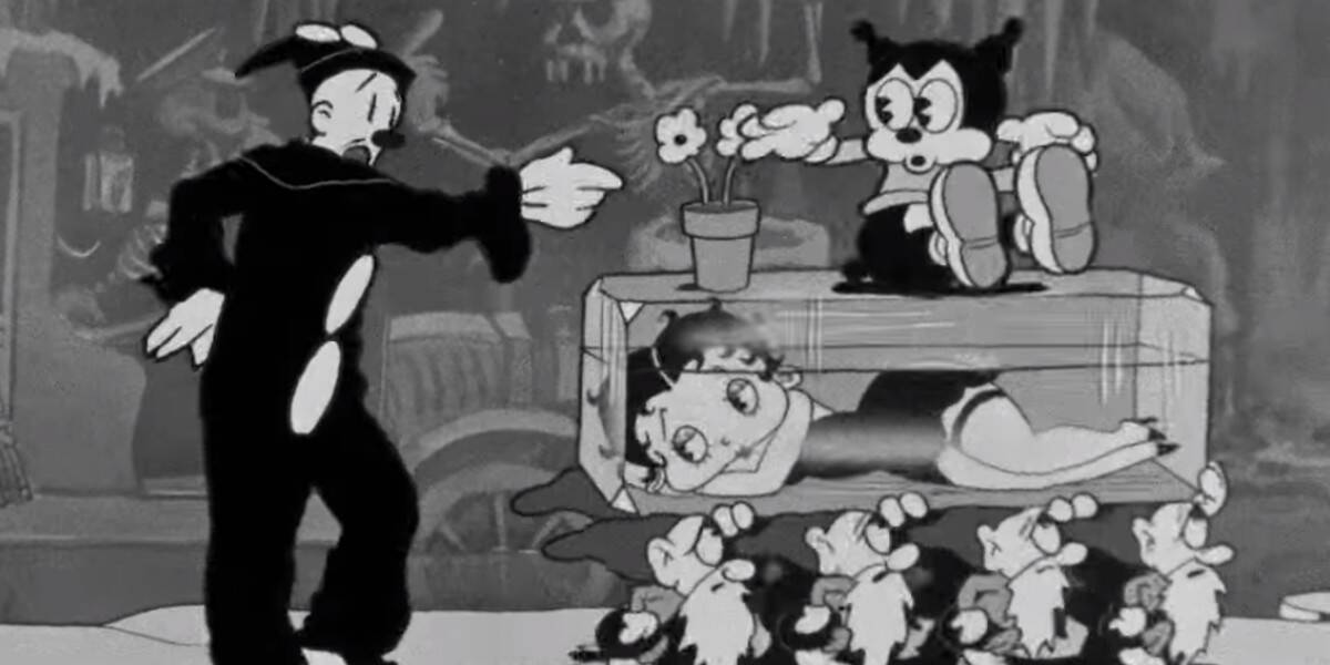 Betty Boop in a glass coffin in Betty Boop in Snow White