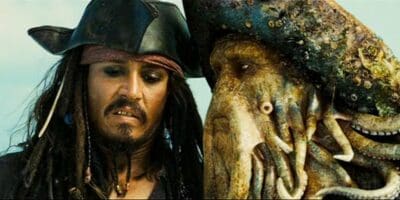 Captain Jack Sparrow (Johnny Depp) and Davy Jones (Bill Nighy) speaking in Pirates of the Caribbean