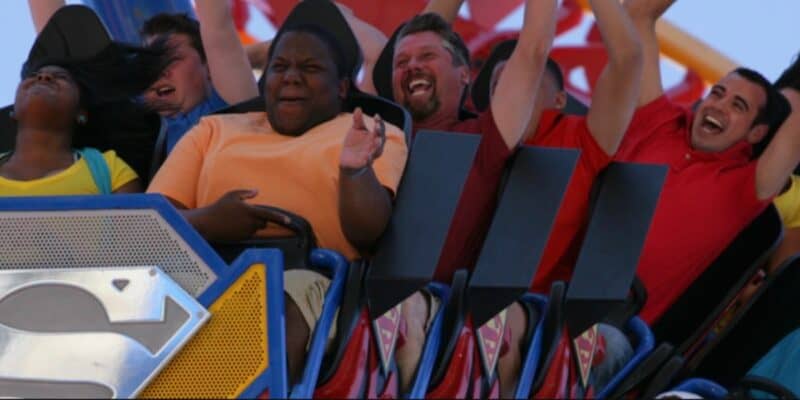 Guests riding Superman Ultimate Flight at Six Flags Discovery Kingdom
