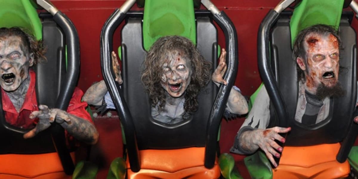 zombies riding a roller coaster at Six Flags Fright Fest