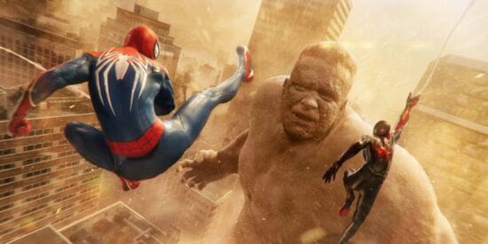Peter Parker and Miles Morales battling a giant Sandman in New York City