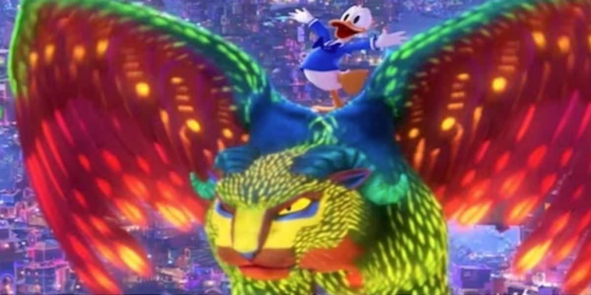 Donald Duck rides on the back of a colorful animal