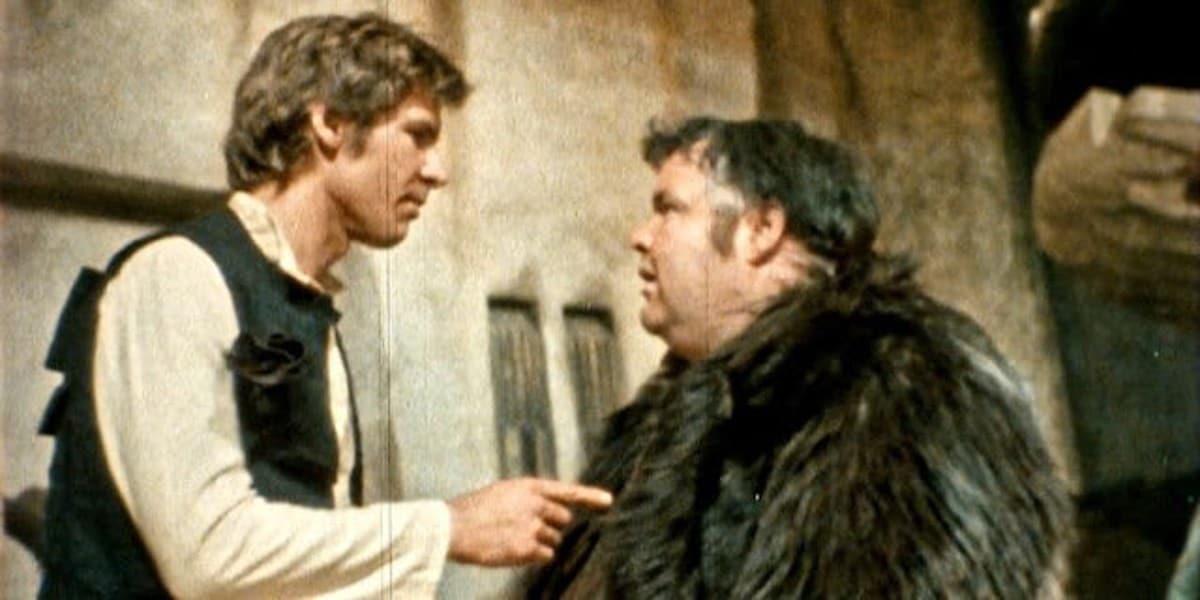Harrison Ford as Han Solo and Declan Mulholland as Jabba