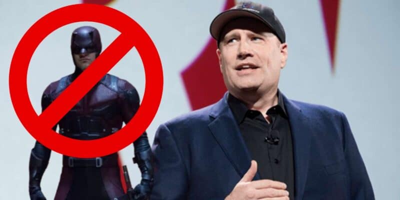 Kevin Feige next to Daredevil, who has a red line through him