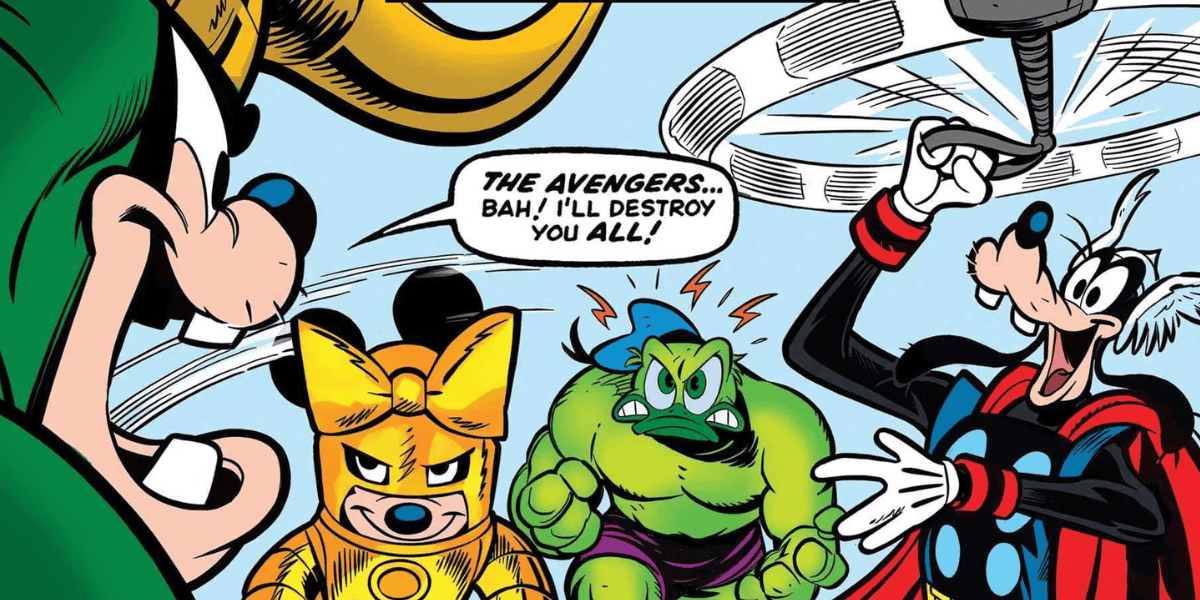 Mickey Mouse and Goofy and Donald Duck dressed up Avengers in a Marvel variant cover