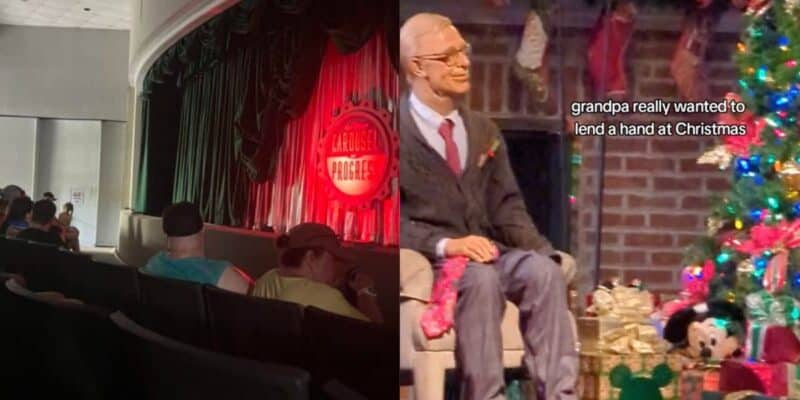 A photo of the crowd at Carousel of Progress at Walt Disney World next to a photo of a malfunction during the show.