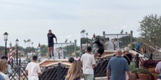 A man jumps off a bridge at the Walt Disney World Resort.