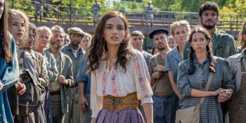Rachel Zegler as Lucy Gray Baird stares on in shock