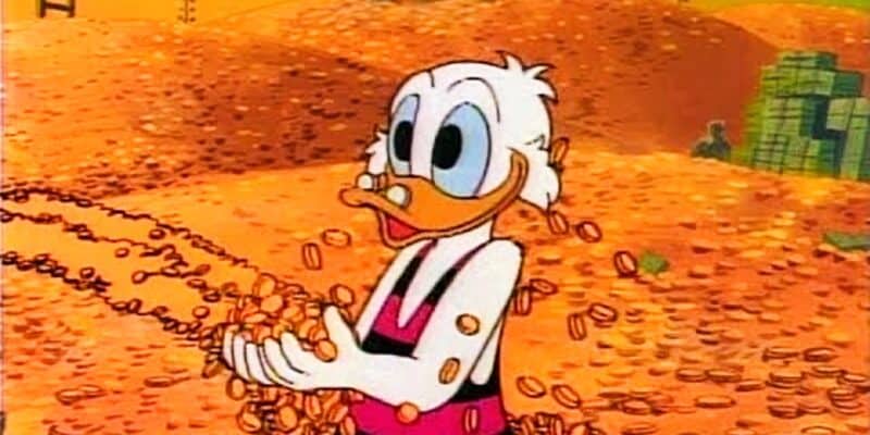 Scrooge McDuck in a bathing suit in his vault of coins
