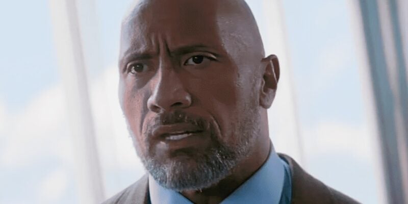 Dwayne Johnson looking surprised in the movie Skyscraper