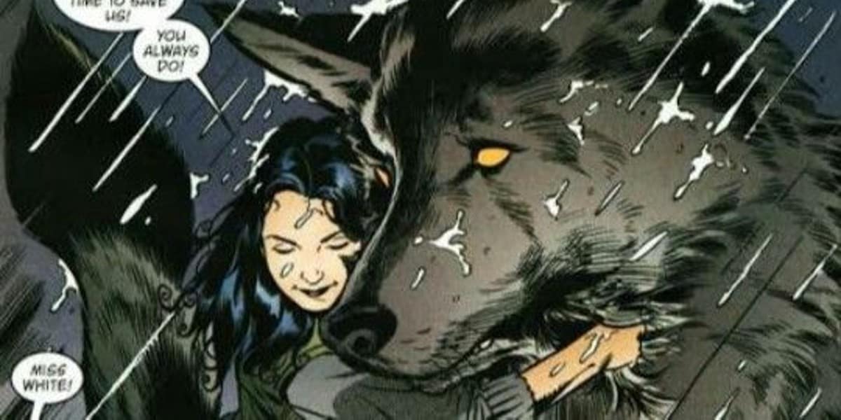 Snow White hugging Bigsby Wolf in the rain in an issue of Fables