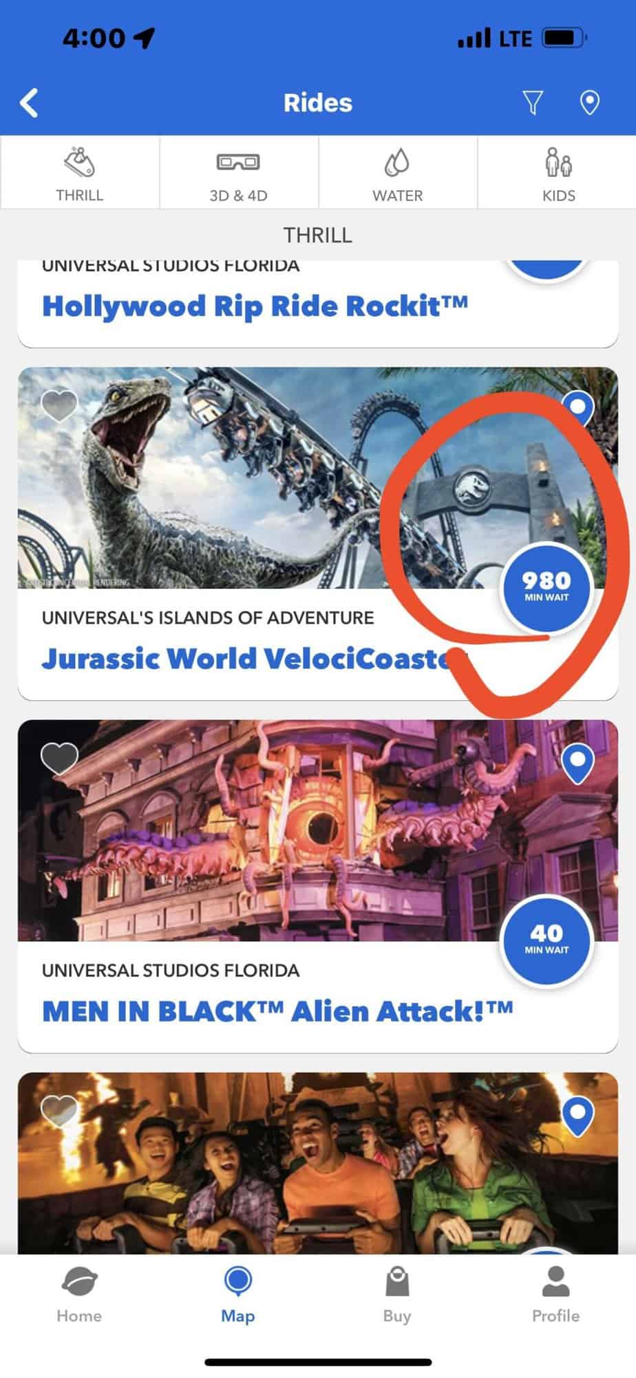 A screenshot of the Universal Orlando Resort app showing the posted wait time for Jurassic World Velocicoaster being 980 minutes long. 