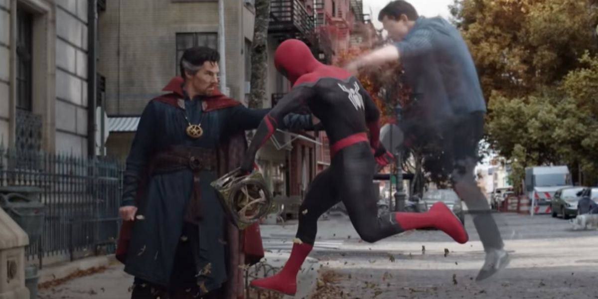 Peter Parker being punched out of his body by Dr. Strange in the 'No Way Home' trailer