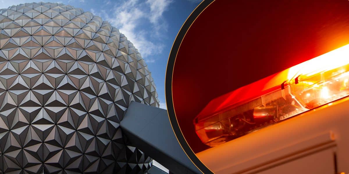 Red lights from an ambulance with Spaceship Earth to the left inside of EPCOT at Walt Disney World Resort.