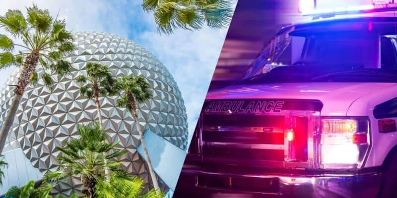 Outside, look at Spaceship Earth inside of EPCOT at Disney World with an ambulance rushing to an emergency.