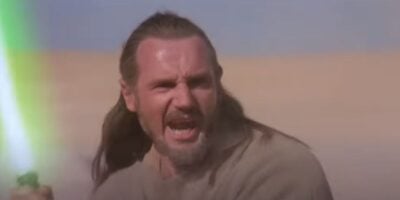 Qui-Gon with his lightsaber on Tatooine, ready to face Darth Maul in 'The Phantom Menace'