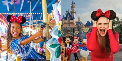A split photo with a child enjoying a Disney World on the left and a Disney adult screaming in front of the Magic Kingdom to the right.