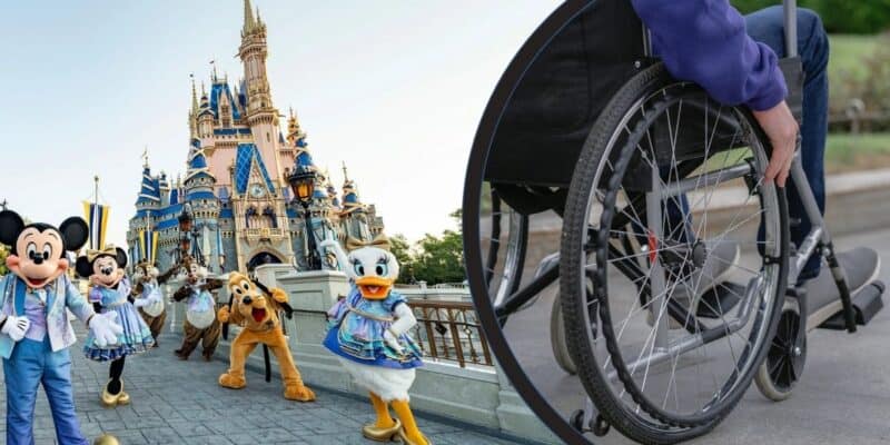 A person in a wheelchair inside a photo frame with Mickey Mouse and the Magic Kingdom Park in the background.