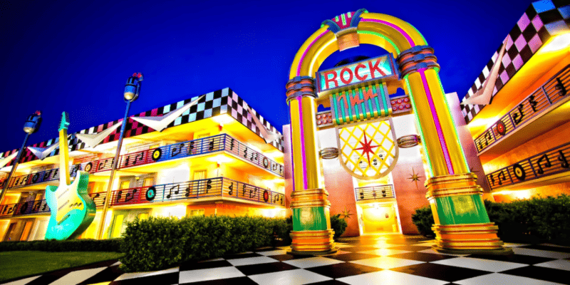 A massive jukebox lights up Disney's All-Star Music Resort hotel.