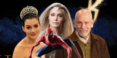 (background, left to right) Anne Hathaway from Princess Diaries, Angelina Jolie from Eternals, John Malkovich. Tobey Maguire as Spider-Man in foreground